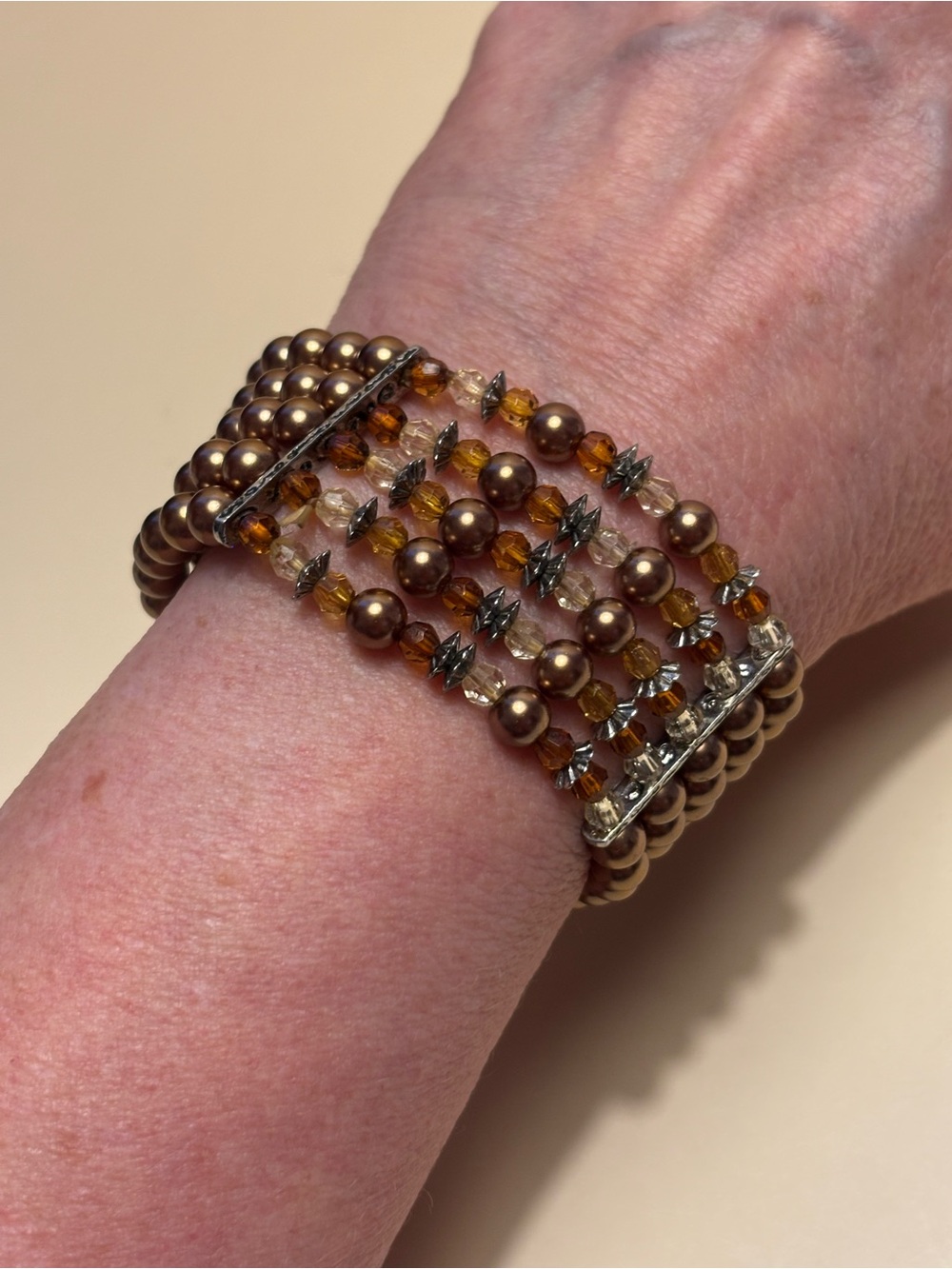 Kissaka Gunmetal Amber Multi-Row Beaded Stretch Bracelet